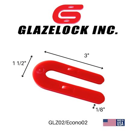 Glazelock 1/8", 3"L x 1-1/2"W1/2" Slot, Interlocking U-shaped Horsehoe Plastic Shims Red  100pc/bag Econo02